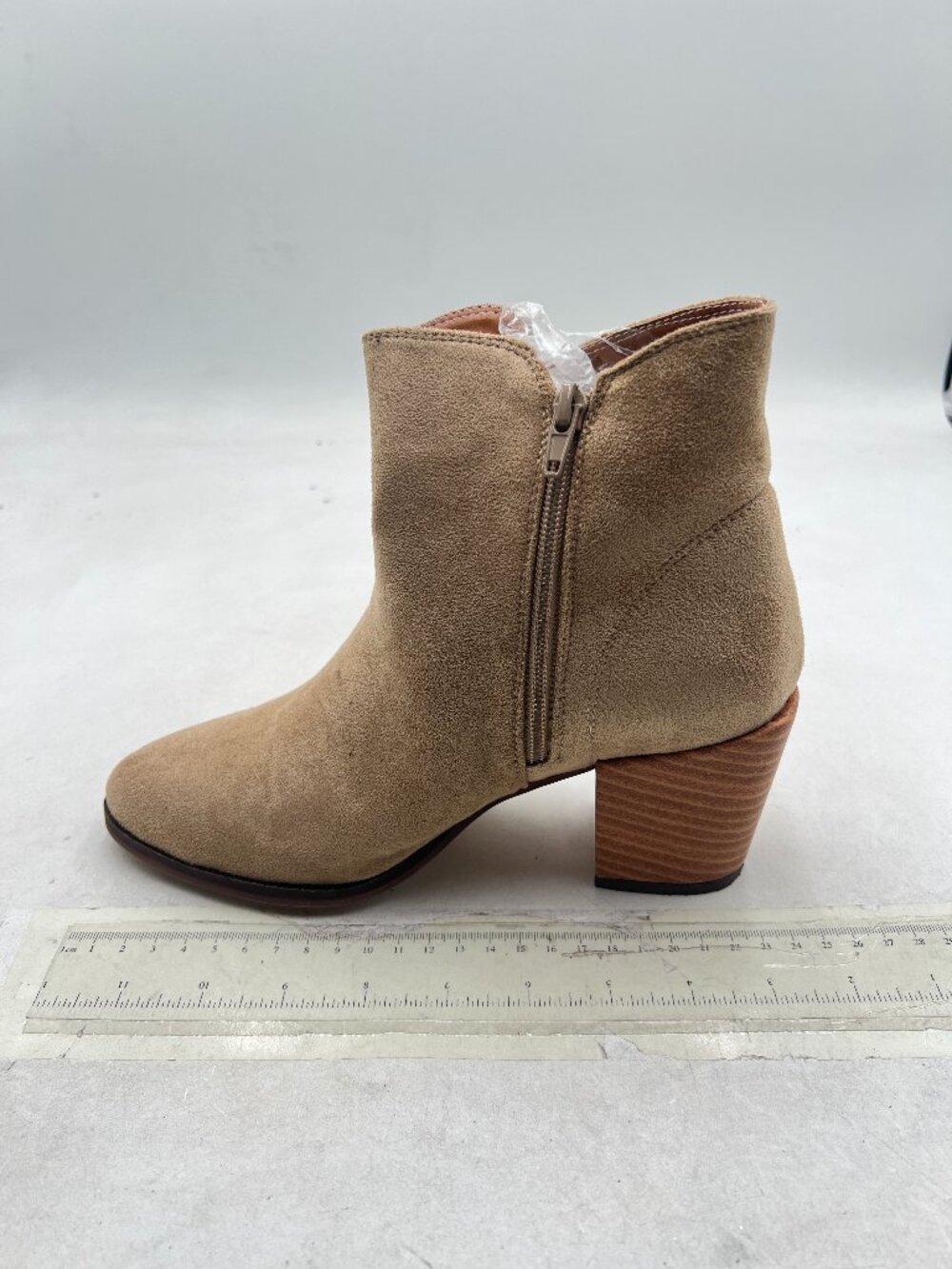 Beige Women Side Zipper Ankle Boots Chunky Stacked Mid Heel Short Booties